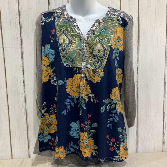 One World Blue Vibrant Floral Quarter-length Sleeve, Sz. S - Picture 2 of 16